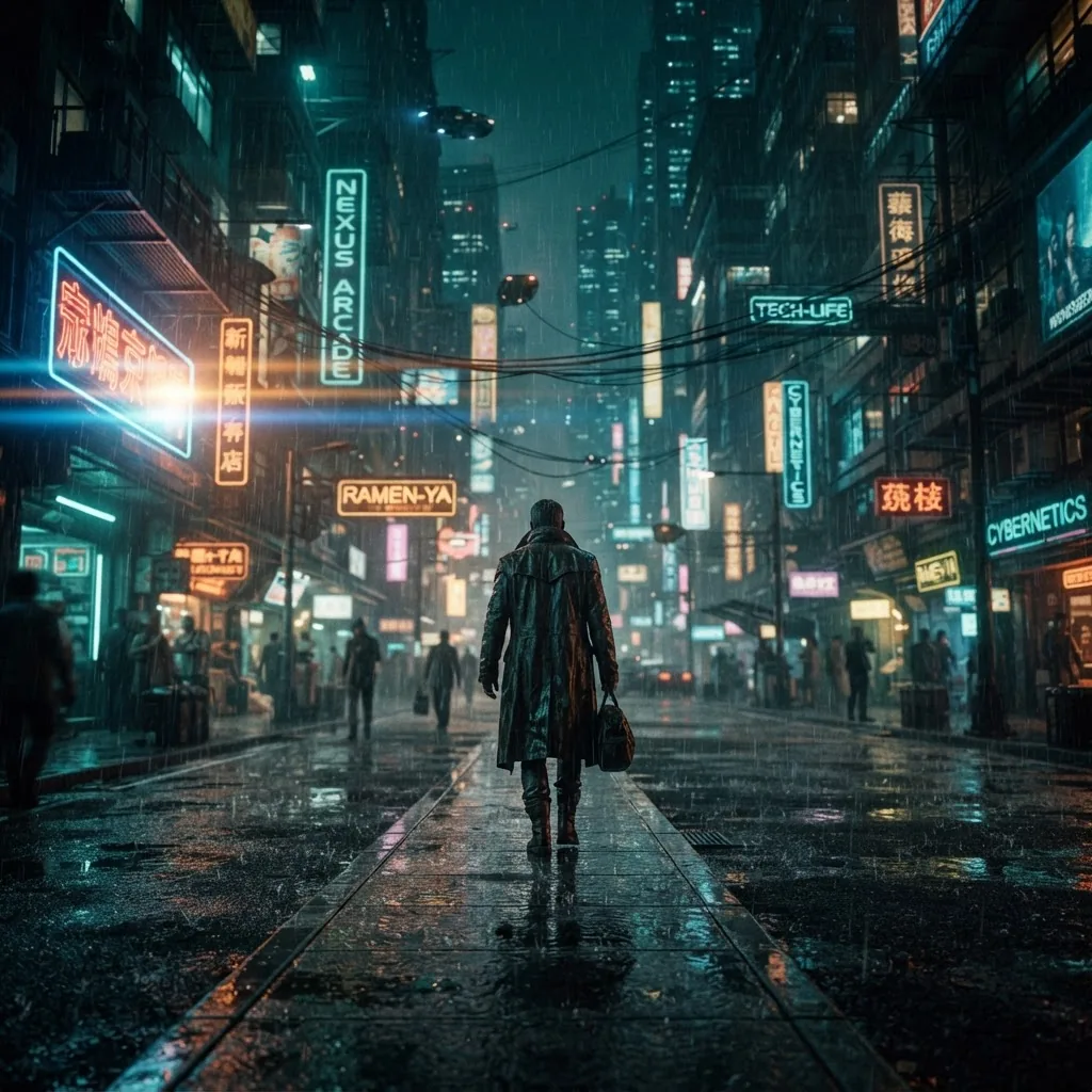 A lone figure in a long coat walking down a rain-soaked city street lit by neon signs at night
